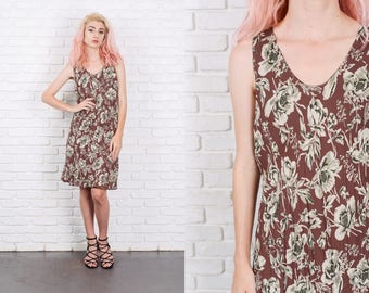 Vintage 90s Brown + Green Floral Leaf Print Dress Medium M 9845