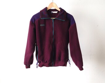 vintage 90s COLUMBIA brand COLOR Block Maroon & teal trim women's fleece coat Jacket size medium