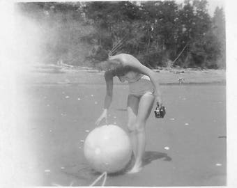 Vintage Snapshot "Pretty Mom" Kodak Brownie Camera Beach Ball Kodak Hawkeye Camera Swimsuit Light Leak Small Snapshot Found Vernacular Photo
