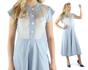 1950s Lace Dress Full Skirt Light Blue Cotton Short Sleeves Vintage 1950s Medium M Pinup Rockabilly