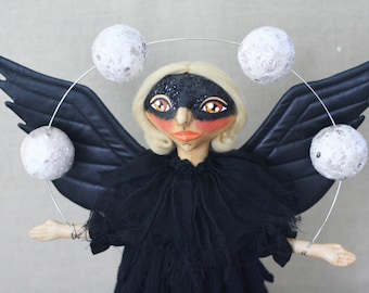 Crow Raven Folk Art Doll with Wings Juggling Full Moons with Glittery Mask -- One of a Kind Collectible Halloween Dark Mystic Soft Sculpture
