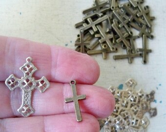 Lot of religious items - lot of 41 crosses - Brass and Silvertone - Assemblage lot of jewelry making supplies - cheesegrits #64