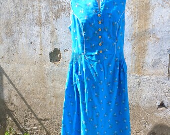 Vintage 1970/70s Austria trachten dirndl folk Prairie dress blue tiny floral printed cotton size L/XL