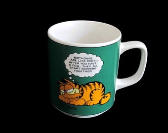 Vintage, Garfield, Cat, Coffee, Mug, Cup, Handled, Birthday, Birthdays, Dogs, Start, Running, Together, Green, Orange, Jim, Davis