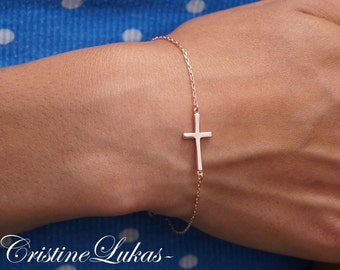 Celebrity Style Small Sideways Cross Bracelet - 14K Yellow or Rose Gold Filled - Religious Jewelry, Confirmation Jewelry for Kids or Adult.