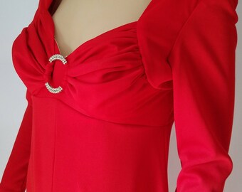 Vintage 60s 70s Red Gown Poly Nylon Rhinestone Fitted Empire Waist Long Sleeve Dress Jack Hartley of Miami Holiday Tomato Red Maxi Dress