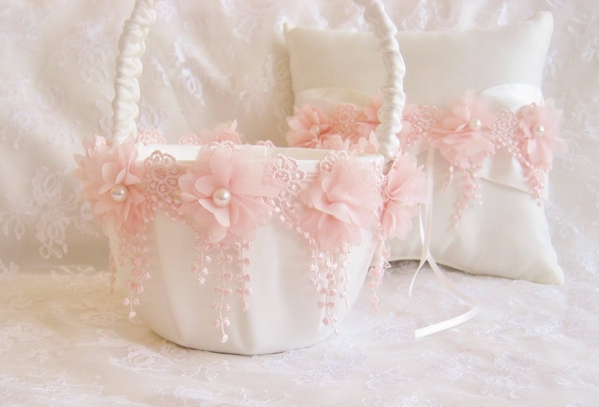 Blush Flower Girl Baskets and Pillow Two Baskets and Ring