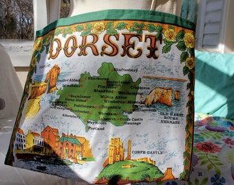 Upcycled Tote Bag, Upcycled Tea Towel, Dorset United Kingdom, Green Tote, Eco Tote, Market Tote, Grocery Tote, Library Tote, OOAK, England