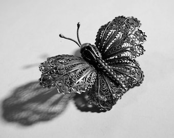 Antique Silver Filigree Moth Brooch