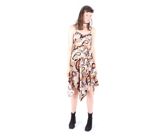 50% OFF SALE - 90s Does 70s Psychedelic Print Drop Waist Handkerchief Hem Midi Dress