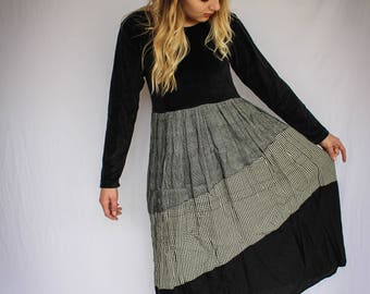 Vintage Gingham Velvet Maxi Dress | Midi | 80s Dress | Size 8 | 80s | 90's