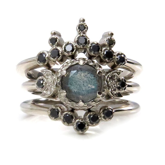 Queen of the Night Labradorite Engagement Ring Set with Nesting Black Diamond Wedding Bands