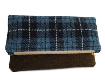 SALE - Harris Tweed - Foldover Clutch - Purse - Blue Check