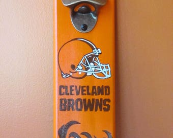 Cleveland Browns Wooden Bottle opener with magnetic cap catcher bottle cap catching opener
