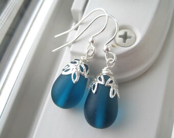 Teal Earrings - Teal Jewelry - Teardrop Earrings - Recycled Glass Jewelry - Teal and Silver - Leaf Earrings - Frosted Glass