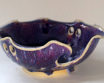Pottery Yarn Bowl - Purple Magenta and Blue - Wheel Thrown and Altered Scalloped Rim - This is a Second due to Glaze Issues