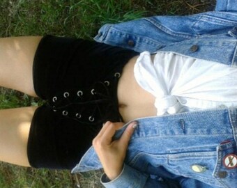 Solid Velvet Lace Up Shorts retro, festival, hippie, boho, high waisted