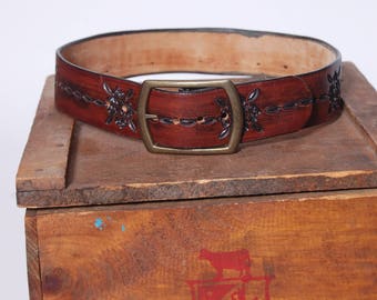 Vintage 70s LEATHER Belt TOOLED Leather Belt Hippie Belt Leather Boho Belt