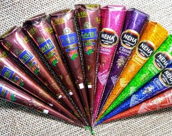 12 natural henna cones and colored henna cones,temporary tattoo,colored henna,kaveri henna,dark brown henna,maroon henna,body art,mehndi,usa