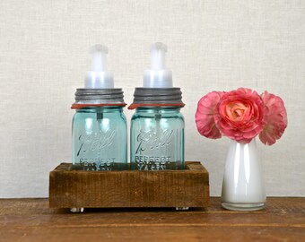 Kitchen Sisters Foaming Soap Dispenser Set with Barn Board Base