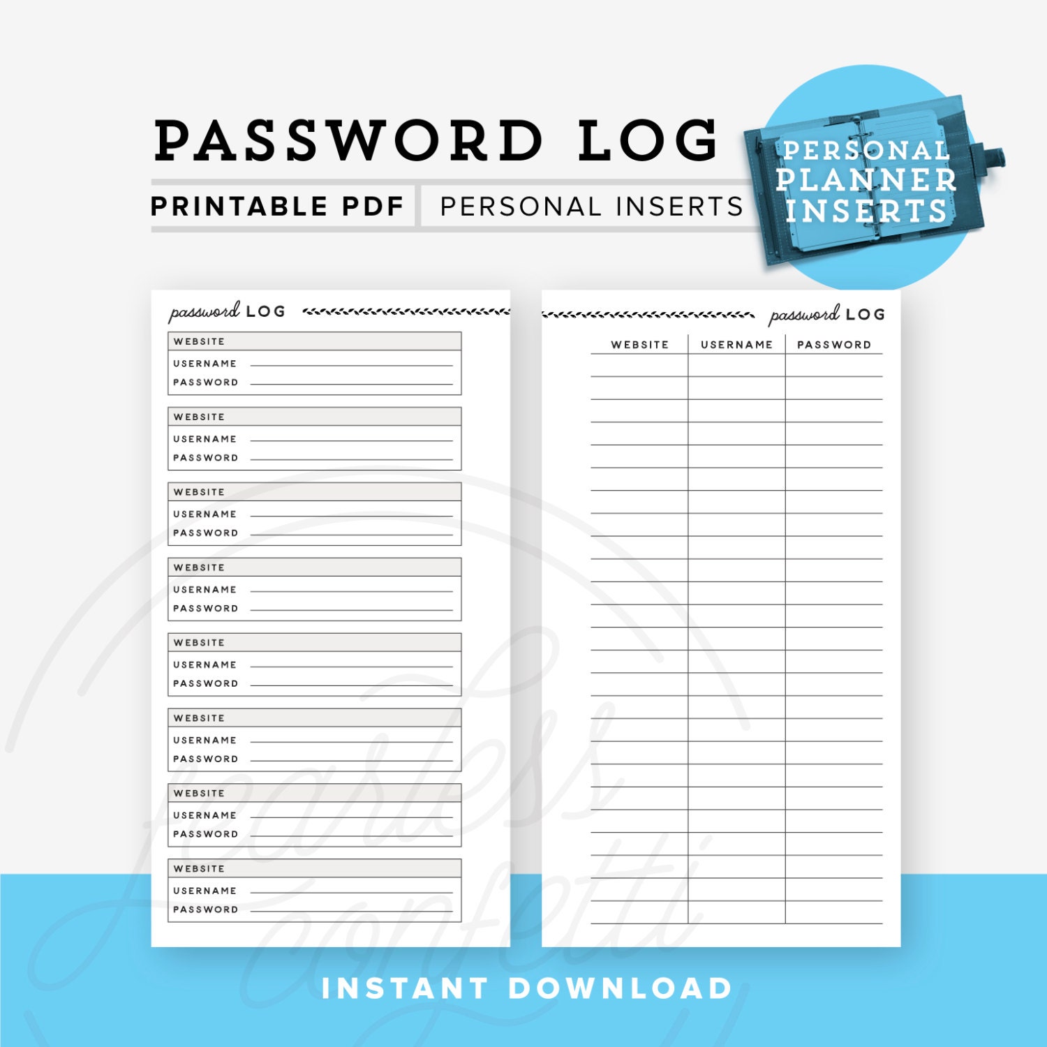 Password Log Personal Planner Printable Personal planner