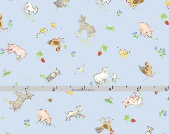 Blue Farm Animal Fabric, Farm Quilt Fabric, Red Rooster Fabrics Country Days 26619, Heidi Boyd, Pigs, Sheep, Horses, Rabbit, Goat, Cotton