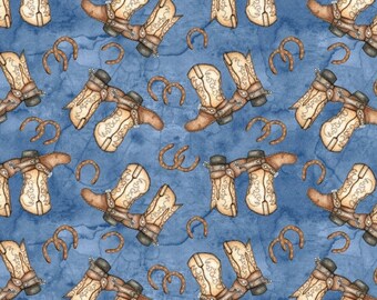 Blank Quilting - Fabric - Rodeo Up! - Cowboy Boots & Horseshoes - Blue