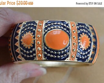 On sale Orange, Dark Navy Enamel Clamper Bangle Bracelet, Gold tone, Vintage
