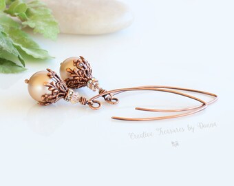 Gift For Her, Copper Earrings, Swarovski Pearls Crystals, Copper Rhinestone Spacers, Victorian Earrings, Bride Earrings, Pearl Earrings