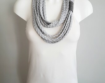 T-shirt scarf, t-shirt necklace, grey necklace, grey scarf, braided scarf, fabric scarf, fabric necklace