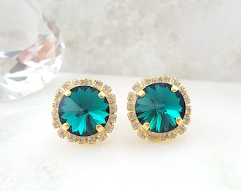 Green Crystal Earrings - Emerald Earrings - Green Rhinestone Earrings - May Birthstone Jewelry - Dark Green Earrings - Swarovski Studs E3340