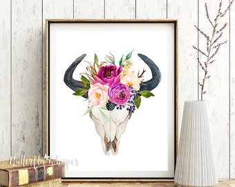 Purple Flowers Bull Skull Watercolor Printable Art Wedding Decor Rustic Wall Tribal Purple Flowers Bull Skull Watercolor Printable Art Wedding Decor Rustic Wall Tribal