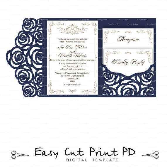 Download Set of Tri Fold pocket roses envelope 5x7 Wedding Invitation