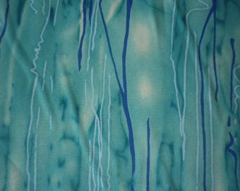 Aqua marine ground, random navy blue print on silky polynosic dress fabric, ideal for small projects