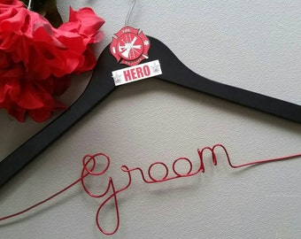 Firefighter Wedding Hanger, Firefighter Tux Hanger, Groom Tux Hanger, Tux Hanger for Groom, Mr. Wedding Hanger, Groom Firefighter Hanger