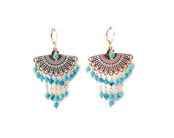 Rose Gold Dangle Earrings Turquoise Earrings with Turquoise Beads Earrings for Women Earrings Gold Earrings Chandelier Earrings for Wife