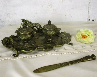 Antique Art Nouveau Ornate Brass Embossed Desk Double Inkwell Letter Opener