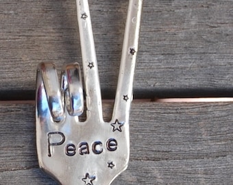 PEACE sign Ornament // hand stamped Recycled FORK with Stars // hangs from Black Suede Leather