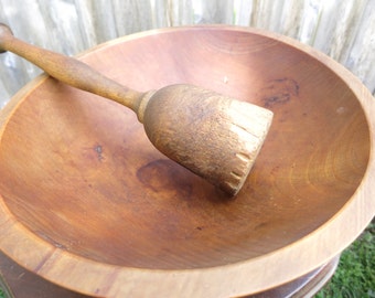 Primitive Wood Dough Bowl with Masher Vintage Farmhouse Wood Bowl Rustic Decor Woodenware