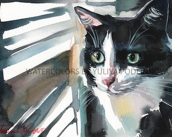 Black and White Tuxedo Cat Digital Art Print of Watercolor Painting of Cat Kitty Instant Download Wall Decor Artwork Image Picture