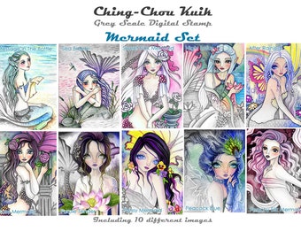 Mermaid Set - Greyscale PRINTABLE Instant Download Digital Stamp / Ocean Sea Fairy Girl Art by Ching-Chou Kuik
