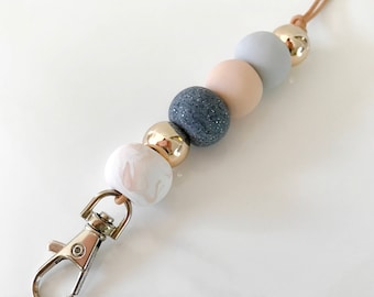 Blush pink, rose gold and granite beaded lanyard, key chain