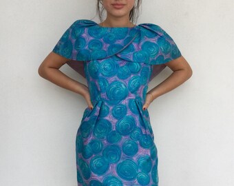 Super cute 60s silk wiggle dress with petal collar detail