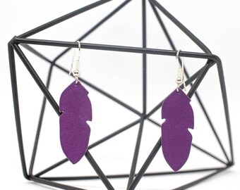 Leather earrings feathers "Graceful" hand made purple