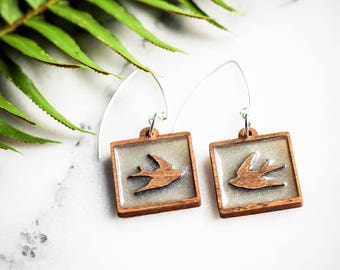 Bird Earrings, Silver Earrings, Modern Bird Earrings, Minimalist Earrings, Laser Cut Earrings, Wood Earrings, Resin Earrings, Boho Earrings