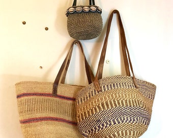 Vintage African bag...sisal bag with leather straps...sisal market bag...rounded bottom tote bag...sisal purse.