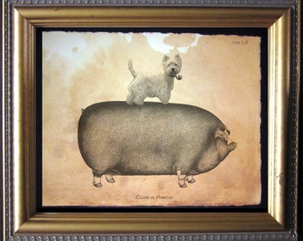 Westie West Highland Dog Riding Pig - Vintage Collage Art Print on Tea Stained Paper - dog art - - father's day gift- graduation gift