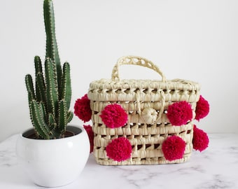 moroccan small hot pink pompom basket bag