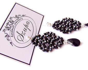 Swarovski earrings, unique earrings, black earrings, elegant jewelry, dangle earrings, handmade jewelry, long earrings, drop earrings,