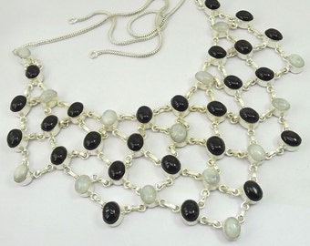 Rainbow Moonstone Necklace, Black Onyx Necklace, Silver Jewelry, Handmade Necklace, Jaipur Jewelry, Statement Necklace, Chunky Necklace